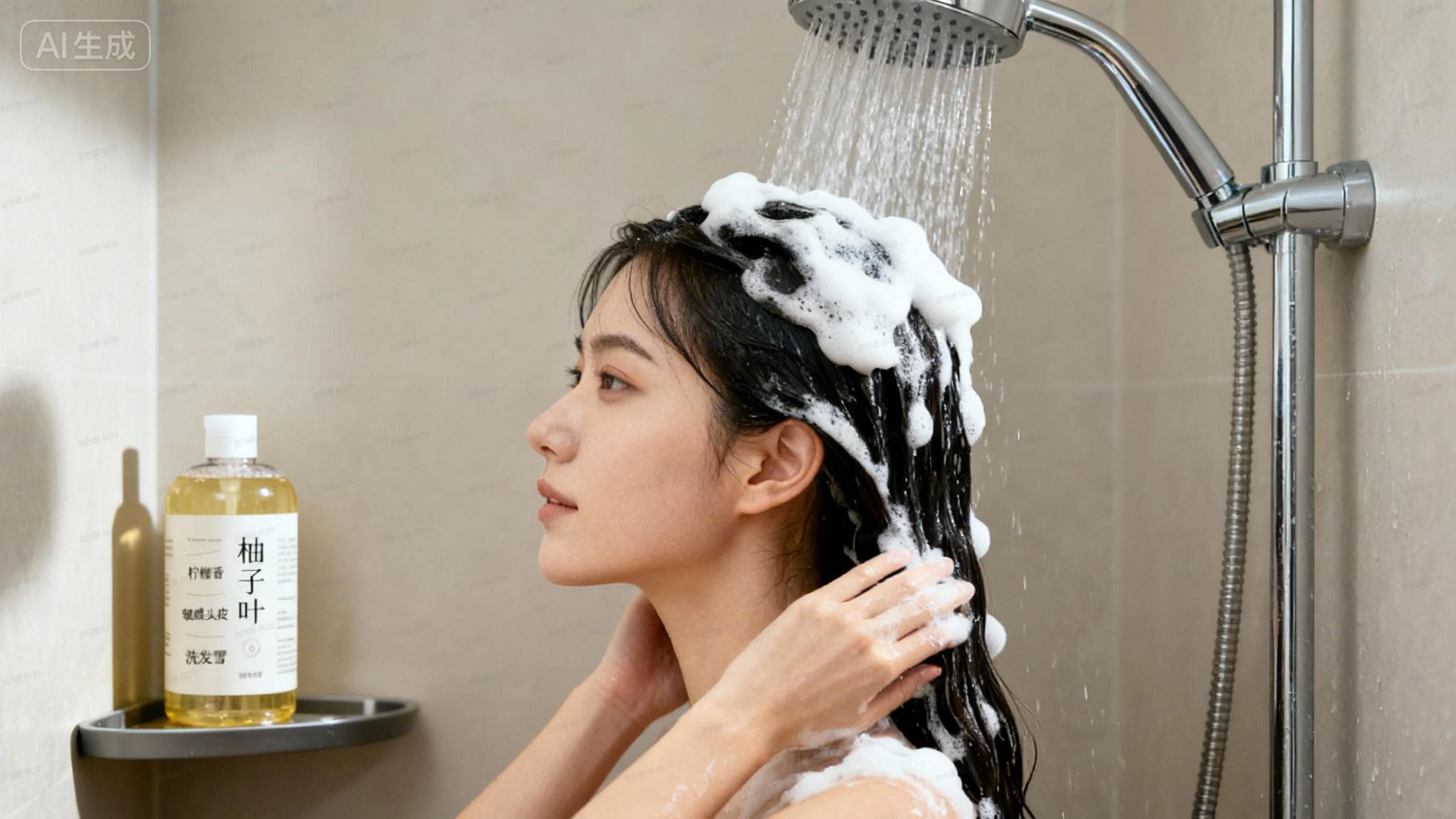 女人站在莲蓬头下，侧脸对着镜