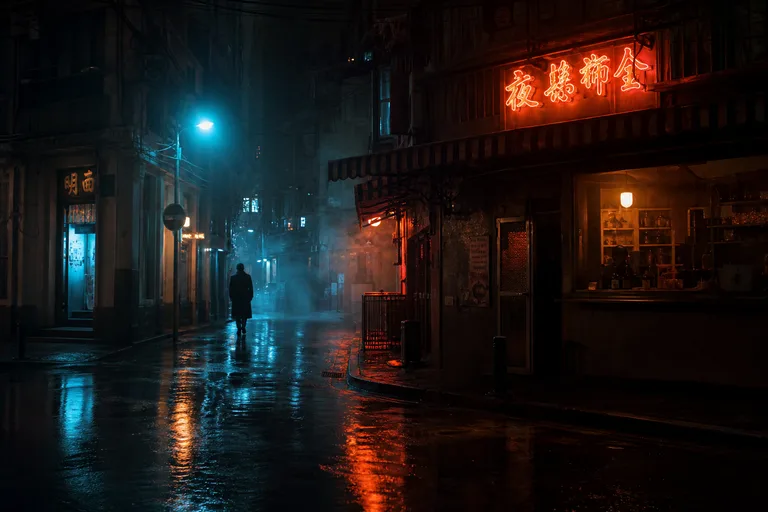生成一张电影感夜景画面，雨夜城市小巷，强烈边缘光，冷暖对比明显，地面有湿...